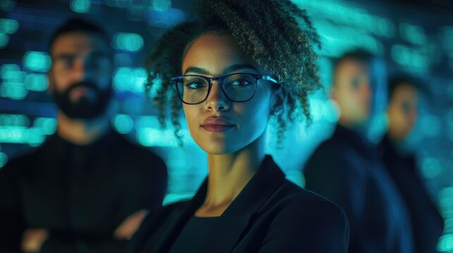 Diverse Cybersecurity Professionals Strategically Positioned Against a Futuristic Digital Background