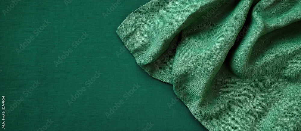 Poster green cotton and linen fabric textiles quality close-up with soft draped texture and empty space for