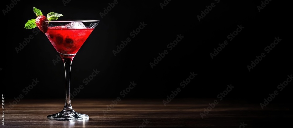 Poster refreshing red cocktail with mint vodka and strawberry on a dark background featuring space for cust