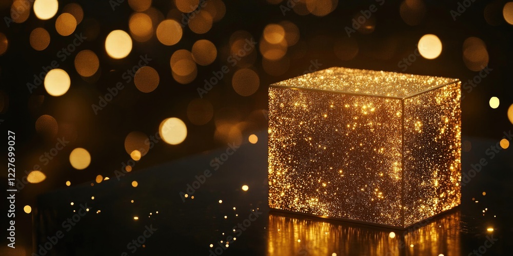 Aufkleber elegant golden gift box illuminated by bokeh lights with empty space for text on right side for holi