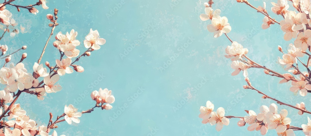 Poster blooming almond tree branches on soft blue background with empty copyspace for text in digital art c