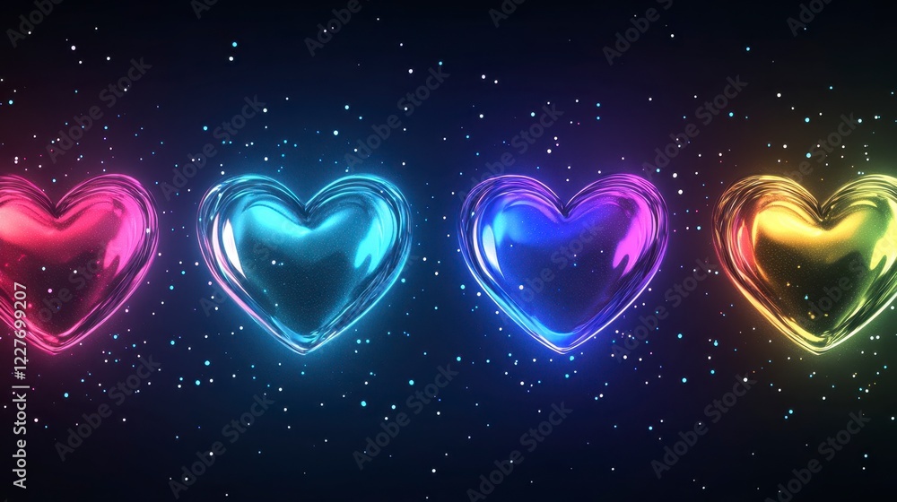 Poster vibrant multicolored neon hearts shine against a dark background filled with sparkling particles. th