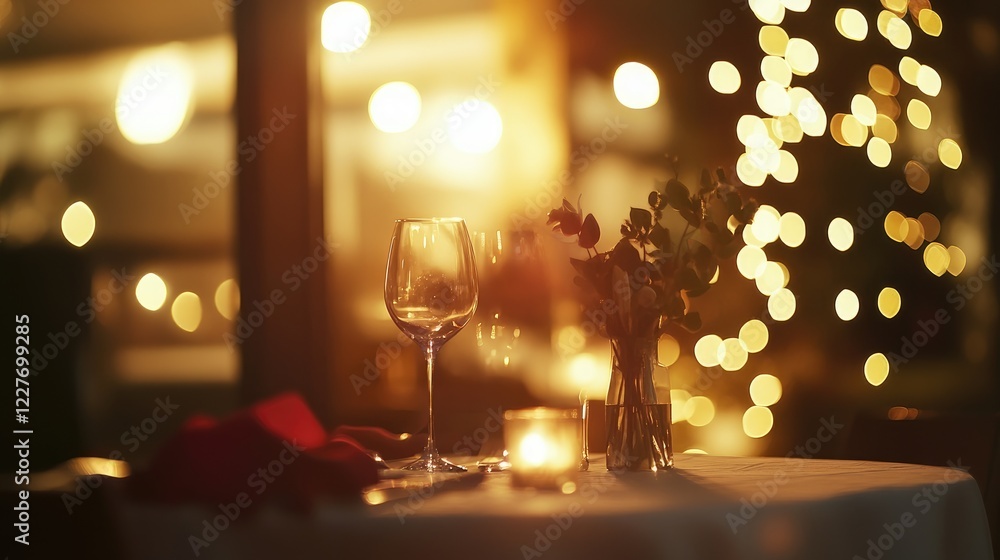 Poster intimate romantic dinner setting for couples with soft bokeh lights creating a warm and inviting atm