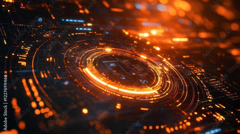 Poster abstract digital background with glowing orange and white circular elements on a dark surface. futur
