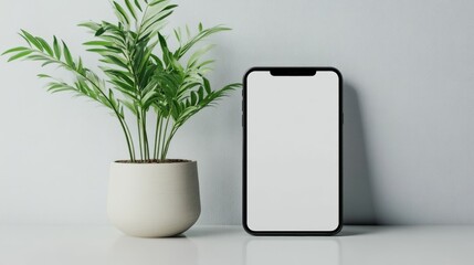 Smartphone with blank screen next to decorative potted plant on minimalist background showcasing modern technology and nature integration