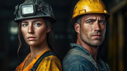 Fototapeta premium Portrait of male and female factory workers showcasing strength and resilience in a industrial environment with safety gear and focused expressions