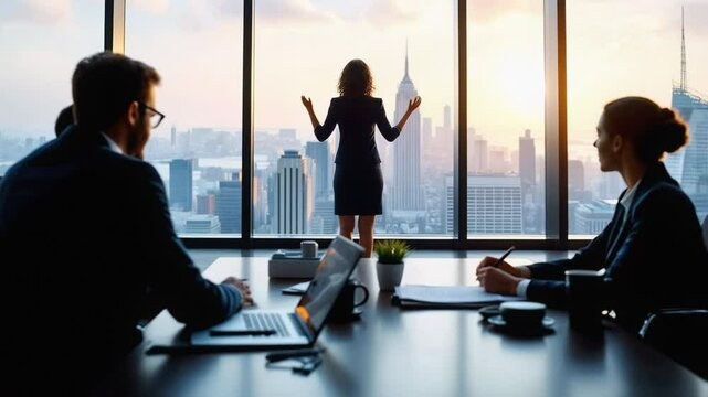 Professionals engage in a meeting, discussing strategies and plans while enjoying a stunning skyline view at sunset. The environment reflects a modern corporate atmosphere
