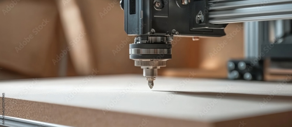 Poster cnc milling machine spindle focused in foreground illuminating workspace with potential empty text a