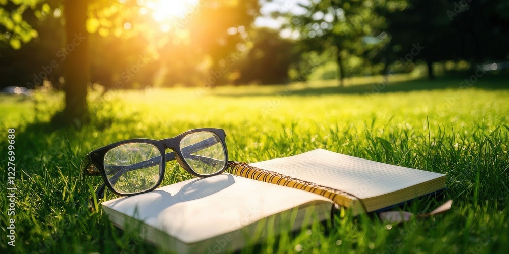 Poster a pair of glasses rests on an open book in a sunlit grassy area, creating a serene atmosphere ideal 