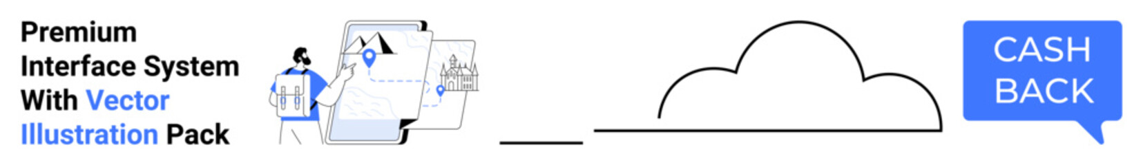Character analyzing data with charts, cloud graphic, cashback dialogue box. Ideal for finance, SaaS tools, cloud solutions, e-commerce, rewards, data processing flat landing page banner