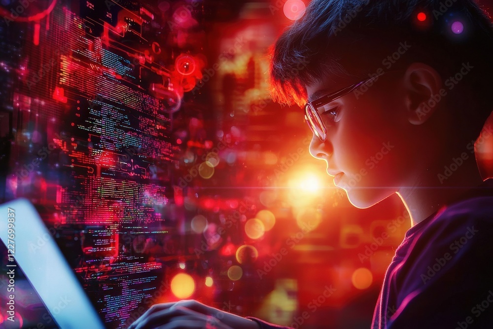 Poster a young boy focuses on coding in a vibrant, digital environment, illuminated by colorful lights and 