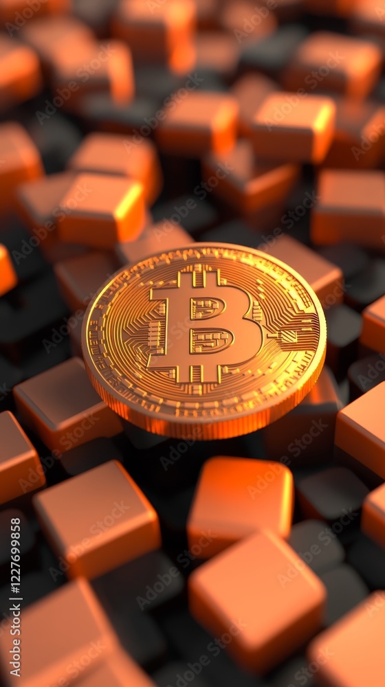 Poster golden bitcoin coin rests on a cluster of metallic cubes in a digital setting