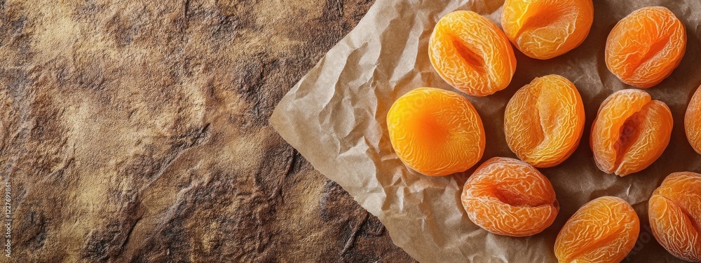 Poster dried apricots stuffed with hemp seed paste on textured paper with empty space for text showing heal