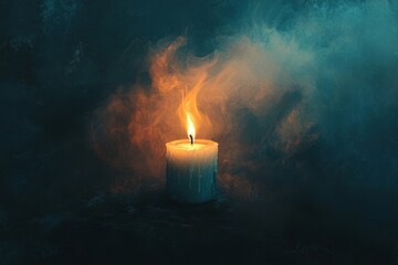 Fototapeta premium Single candle burns brightly against a dark, smoky background