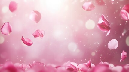 Elegant pink background with falling rose petals and soft bokeh light creating a spring theme space for text or messages.