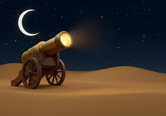 Ramadan cannon under crescent moon, serene desert.