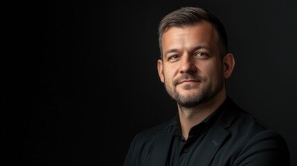Obraz premium Professional portrait of a confident man with a clean-cut hairstyle wearing a black suit against a dark background showcasing modern elegance.