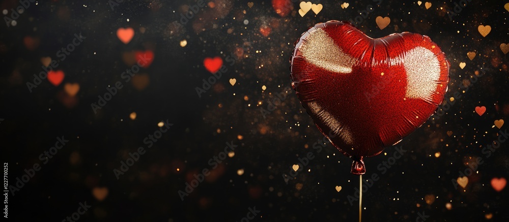 Poster heart-shaped red balloon with gold string against a dark background featuring bokeh hearts and space