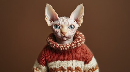 Sphynx kitten wearing knitted sweater against a brown backdrop showcasing the charm and cuteness of hairless pets in stylish attire