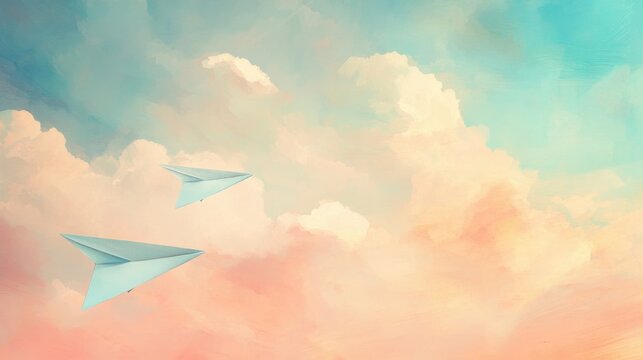 Paper planes flying across a serene sky with pastel colors and fluffy clouds ideal for themes of freedom and imagination