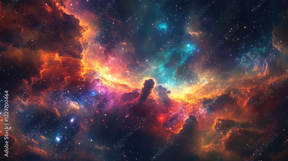 Poster cosmic explosion of color in deep space with stars and nebulae forming a stunning celestial backgrou
