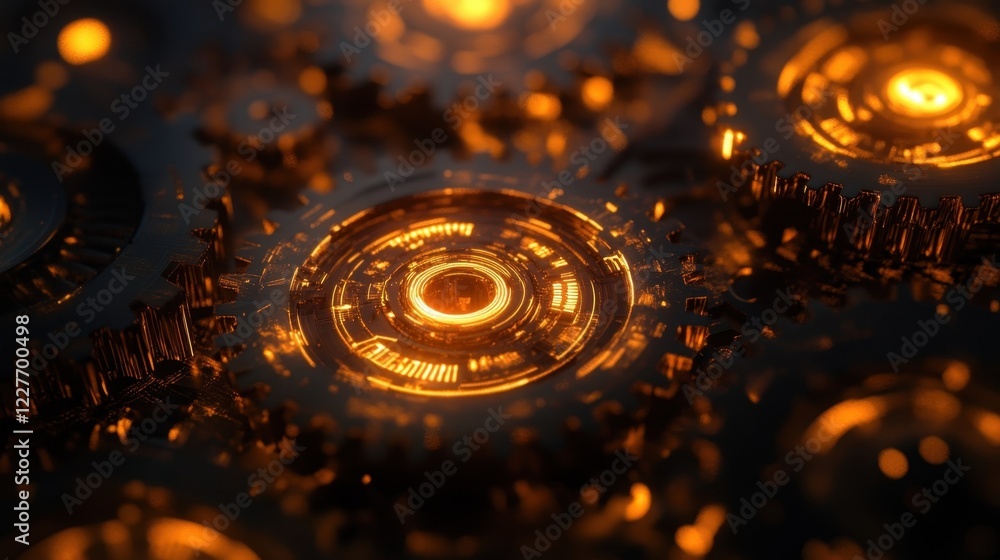 Poster complex interlocking metal gears emitting a warm orange glow, creating a captivating display of intr