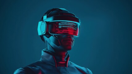 A futuristic figure wearing a high-tech VR headset, illuminated with a mix of red and blue light against a dark background.
