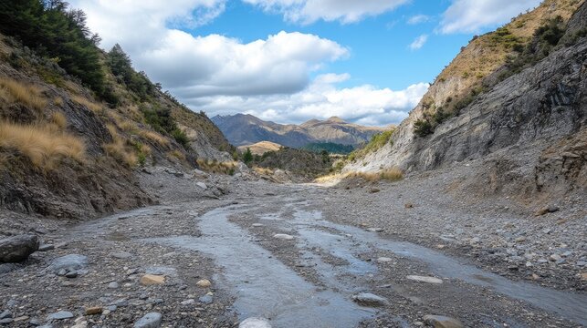 Rocky creek landscape with vehicle tracks showcasing black and white textures under a dramatic sky and rugged mountains in the background. - Powered by Adobe