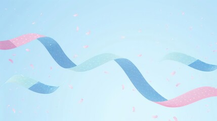 Colorful flowing ribbons with pastel petals against a soft blue background, creating a festive atmosphere
