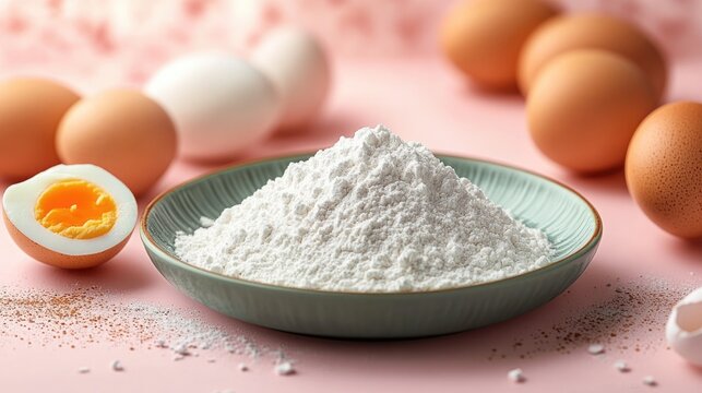 Top view of egg powder and fresh eggs on pastel pink background with green plate and empty copyspace for culinary or baking text