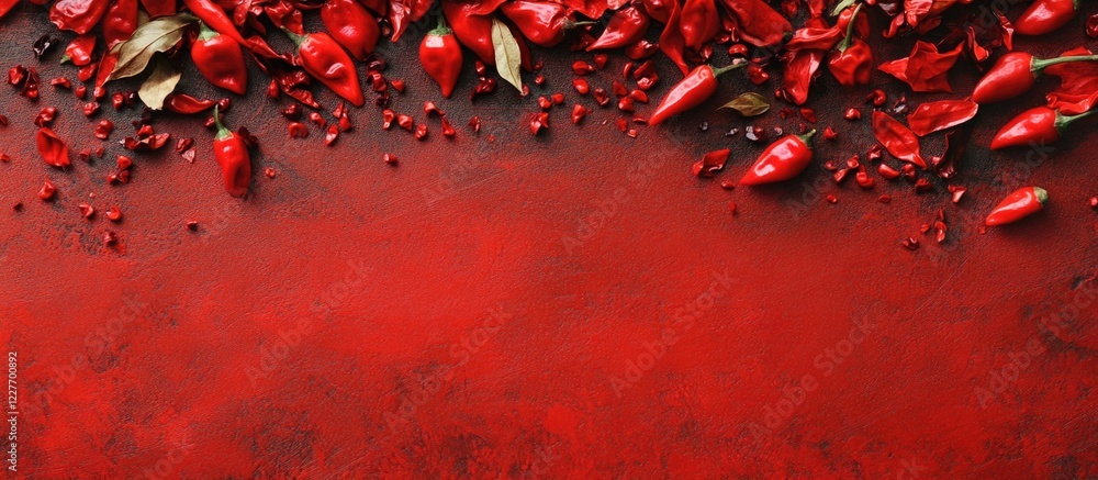 Poster vibrant red chili peppers arranged on a textured background with ample empty space for customized te