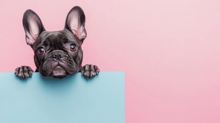 Playful French Bulldog Peering Over Blank Signboard Against Soft Pink Background Ideal for Advertisements or Marketing Materials