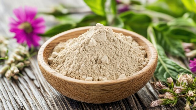Phosphatidylserine powder in wooden bowl surrounded by herbs and flowers for cognitive support and exercise enhancement