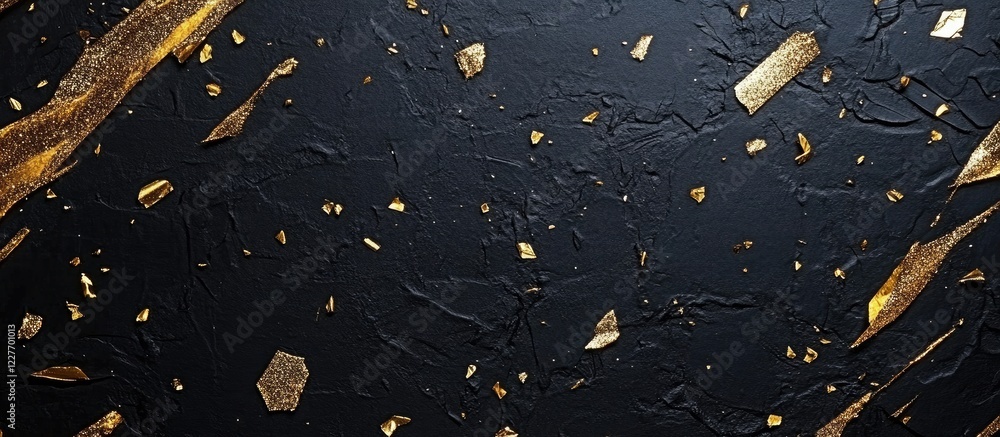 Poster Elegant black paper backdrop adorned with gold confetti effect perfect for festive occasions and customizable text space for invitations or ads