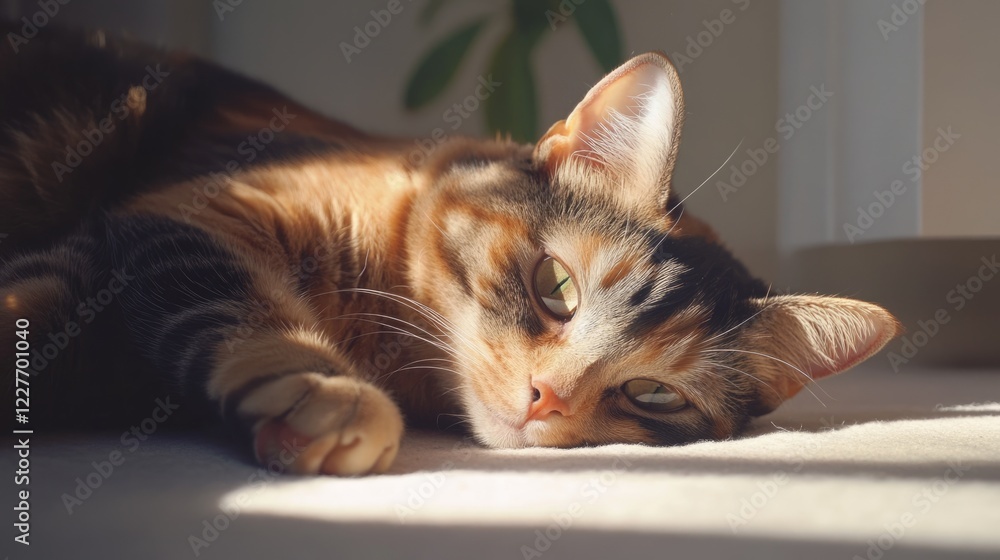Poster playful tortoiseshell cat relaxing in sunlight showcasing unique expressions on soft neutral backgro