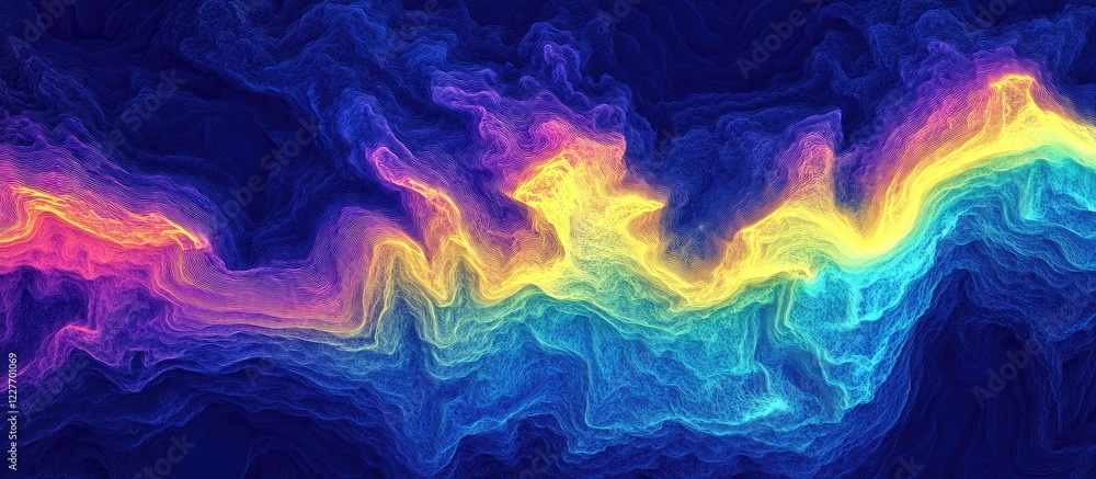 Poster vibrant abstract neon stream transitioning from yellow to blue and lavender hues with ample empty sp