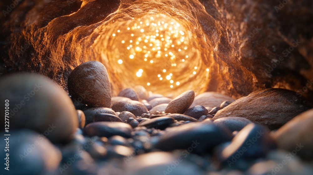 Poster enchanting hollow with assorted stones glowing from within illuminated by soft light creating a myst