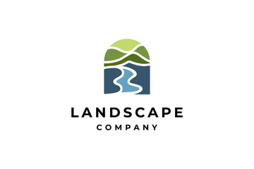 Mountain landscape, peak river creek outdoor logo vector template with flat nature environment style