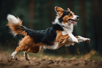 Tri-colored dog races across terrain, body blur of motion. Ears back, tail streaming, focused expression. Speed and agility.