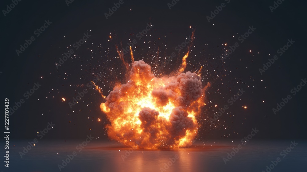 Poster realistic fireball explosion with sparks and smoke on dark background ideal for visual effects and a