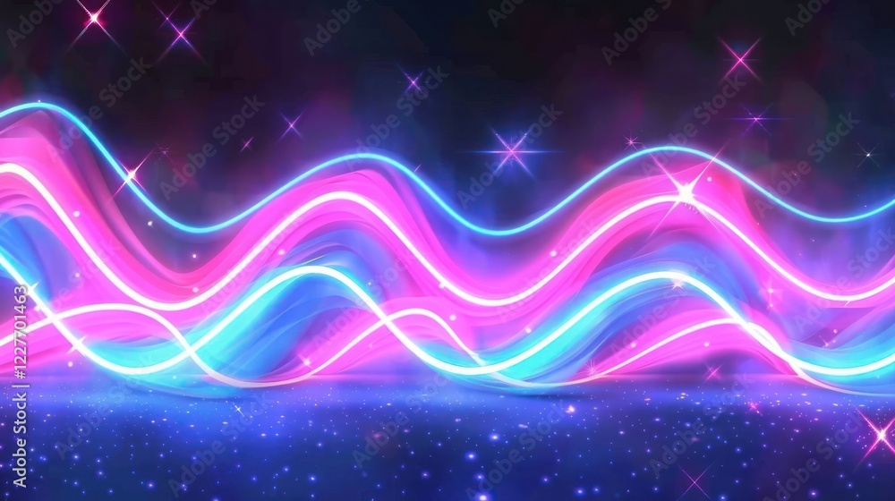 Poster vibrant neon waves with sparkling stars against a dark background, creating a dynamic atmosphere