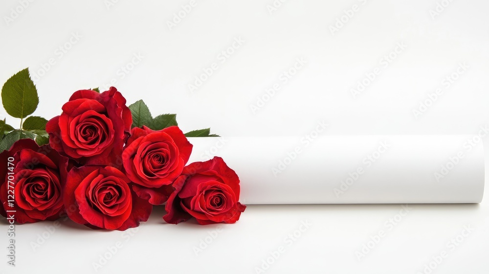 Poster rolled white paper scroll adorned with vibrant red roses on a clean white background ideal for text 