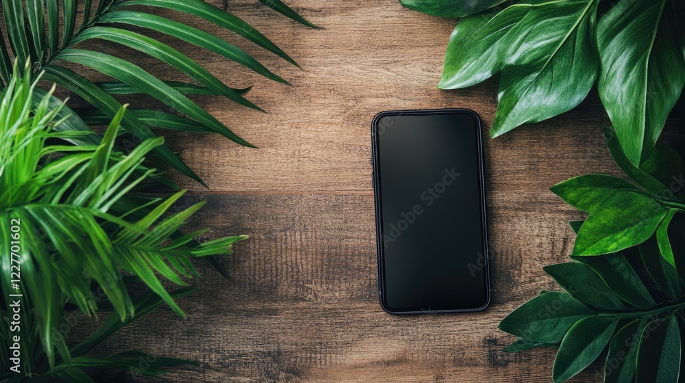 Poster smartphone on wooden surface surrounded by lush green plants creating a serene background with ample