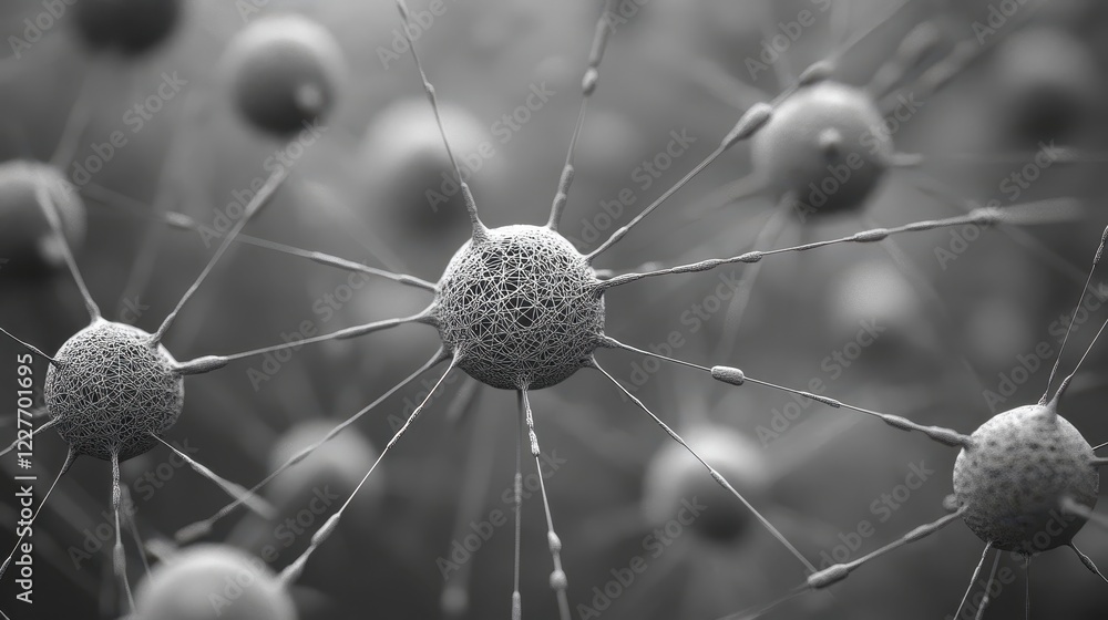 Poster microscopic grayscale image depicting a cluster of cells with numerous radiating appendages, creatin