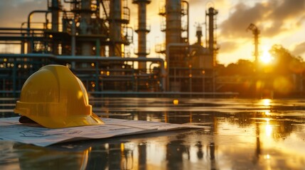 Sunrise at construction site featuring blueprints and safety helmet for workers  safety