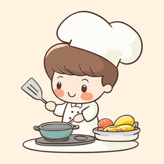 Cute cartoon gril Chef Cooking In Kitchen vector illustration