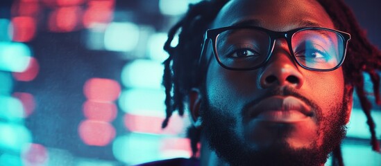 Analyst in glasses reflecting financial data trends with colorful background emphasizing global financial challenges and opportunities for growth