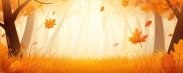Vibrant autumn forest scene nature digital art peaceful setting wide view cartoon style for fall inspiration