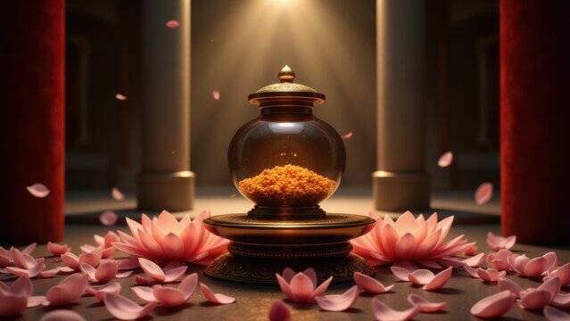 A bejeweled treasure vase takes center stage on a temple altar, lotus petals scattered around in gentle homage.