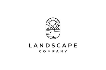 landscape view of mountains with river lake below in sunlight in oval shape design style logo icon vector illustration line art monoline outline